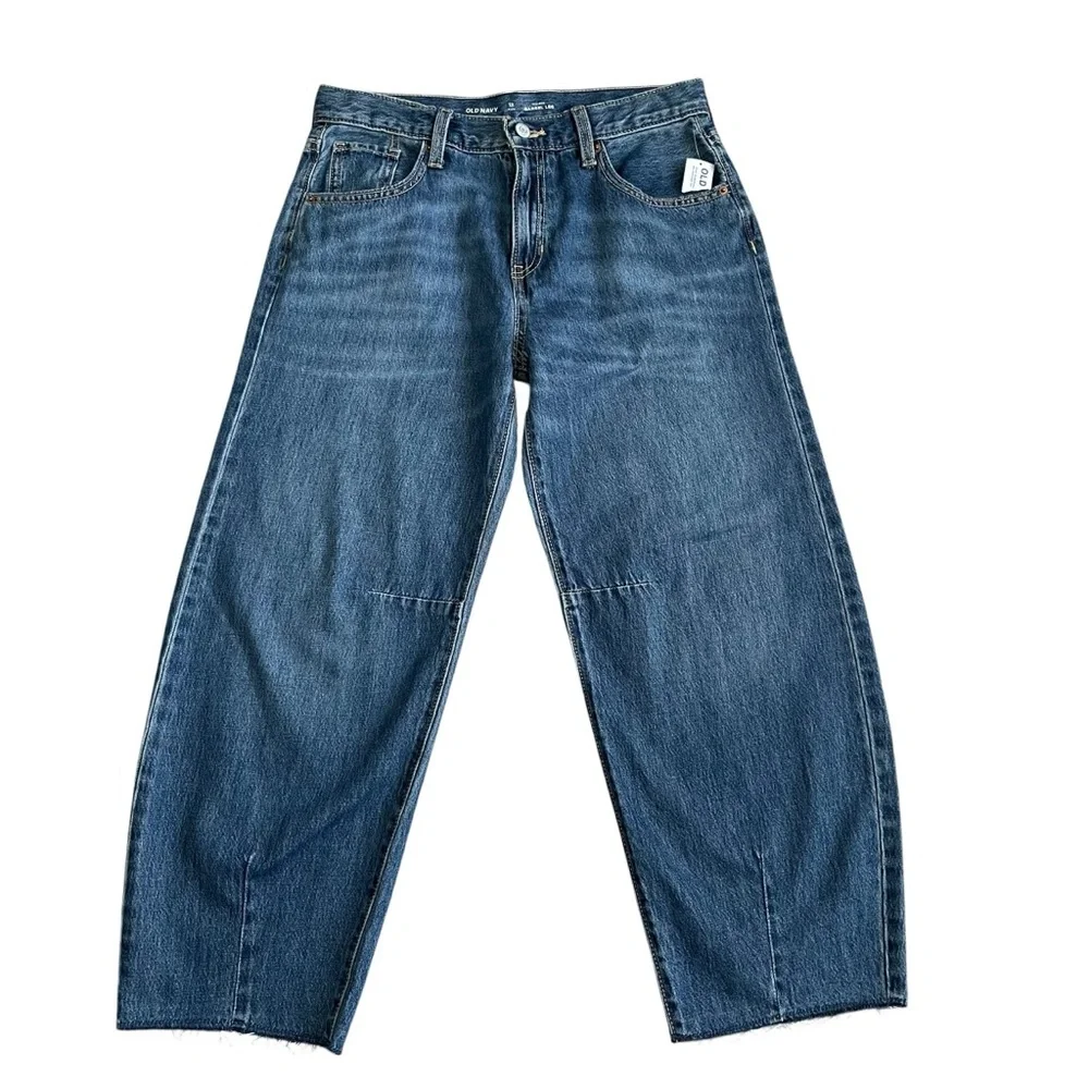 Old Navy  Baggy Barrel Leg Jeans Girls Size 12 Plus Medium Wash Raw Hem